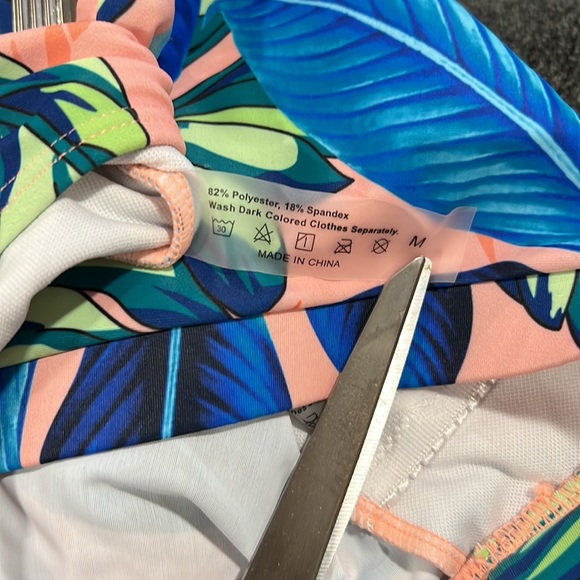 Long Sleeve two piece pink and blue flower print bathing suit with built in bra - Picture 10 of 11